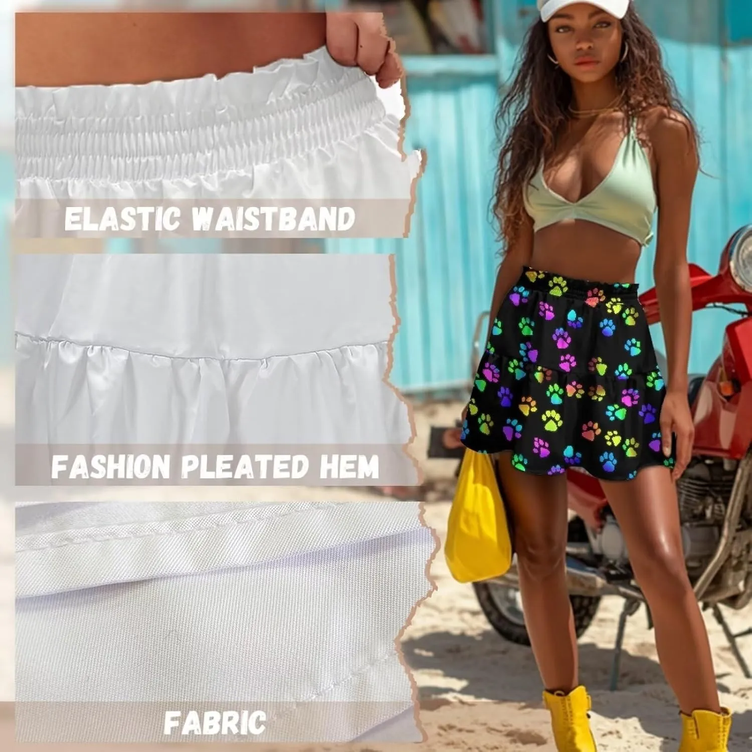 Women's Mini Skirt with Splice Ruffle High Waist Stretchy Flowy Summer Beach Pleated Skirts Short Golf Tennis