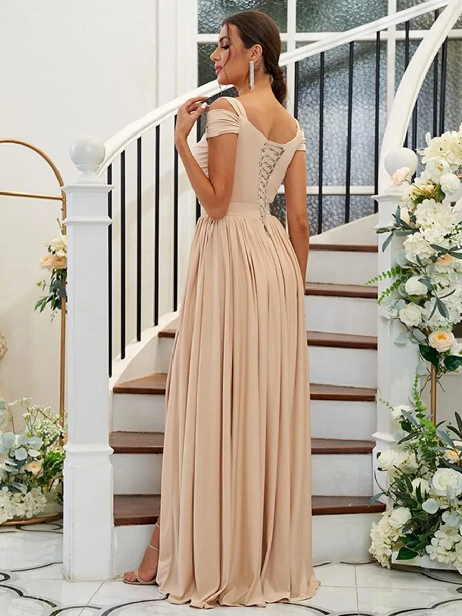 Women's Off The Shoulder Bridesmaid Dresses with Slit Long Chiffon Pleated A-Line Formal Evening Party Gowns