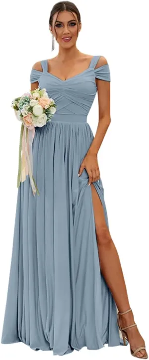 Women's Off The Shoulder Bridesmaid Dresses with Slit Long Chiffon Pleated A-Line Formal Evening Party Gowns