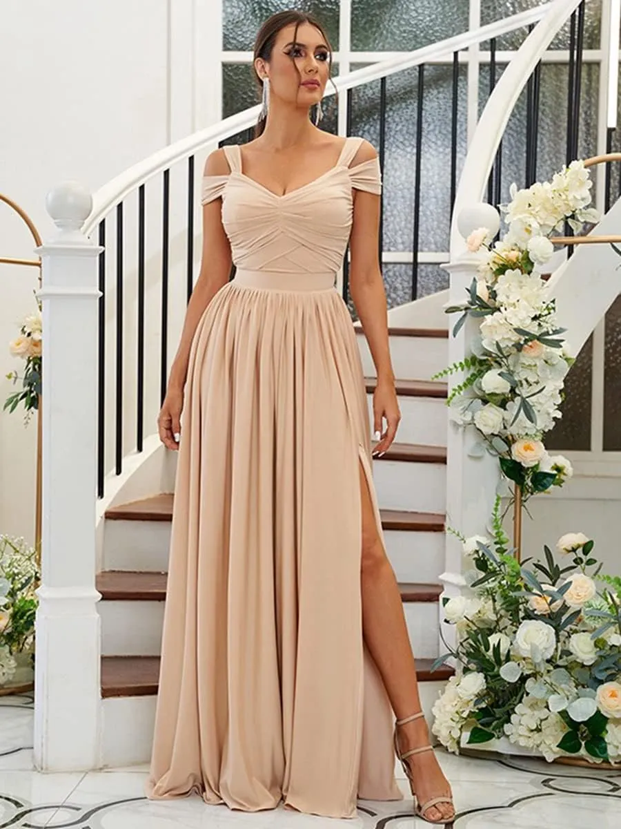 Women's Off The Shoulder Bridesmaid Dresses with Slit Long Chiffon Pleated A-Line Formal Evening Party Gowns