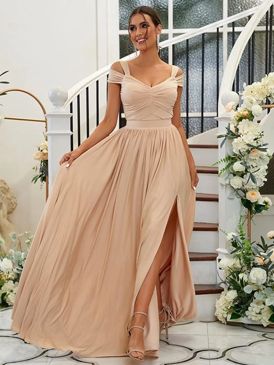Women's Off The Shoulder Bridesmaid Dresses with Slit Long Chiffon Pleated A-Line Formal Evening Party Gowns