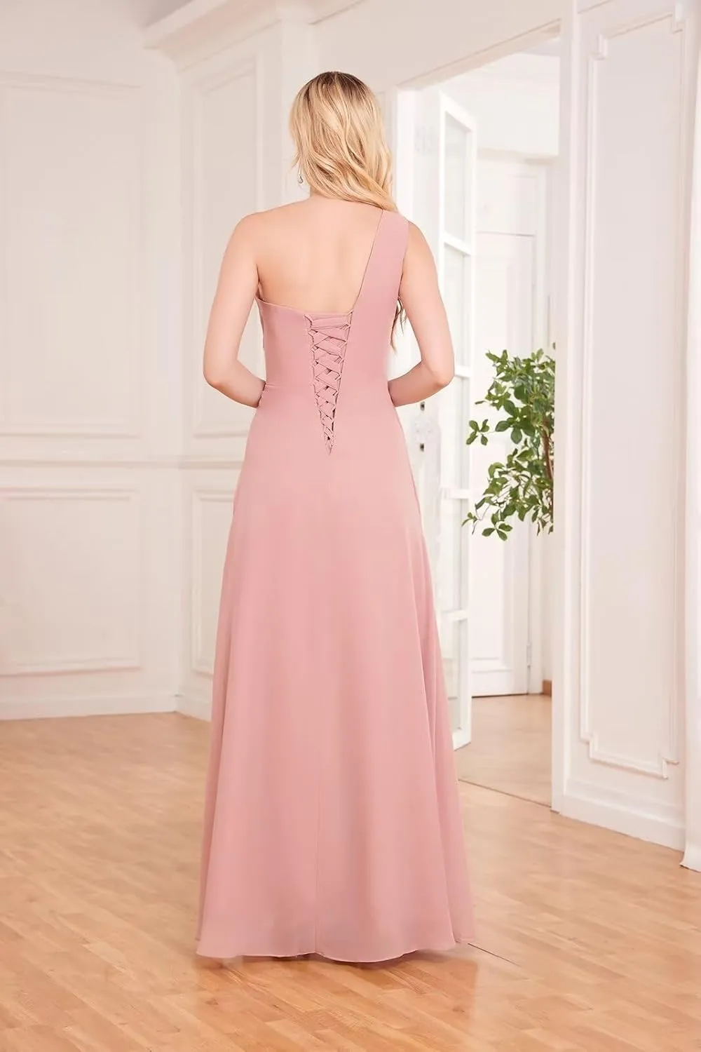 Women's One Shoulder Bridesmaid Dresses Chiffon Long Pleated Formal Evening Party Dress with Slit