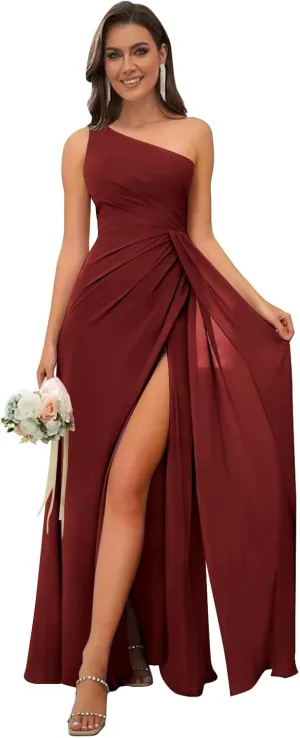 Women's One Shoulder Bridesmaid Dresses Chiffon Long Pleated Formal Evening Party Dress with Slit