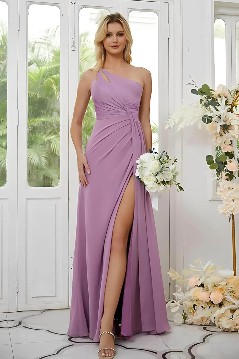 Women's One Shoulder Bridesmaid Dresses for Wedding with Slit Ruched Chiffon Long Formal Dress Evening Gown