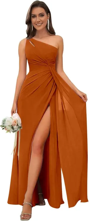 Women's One Shoulder Bridesmaid Dresses for Wedding with Slit Ruched Chiffon Long Formal Dress Evening Gown