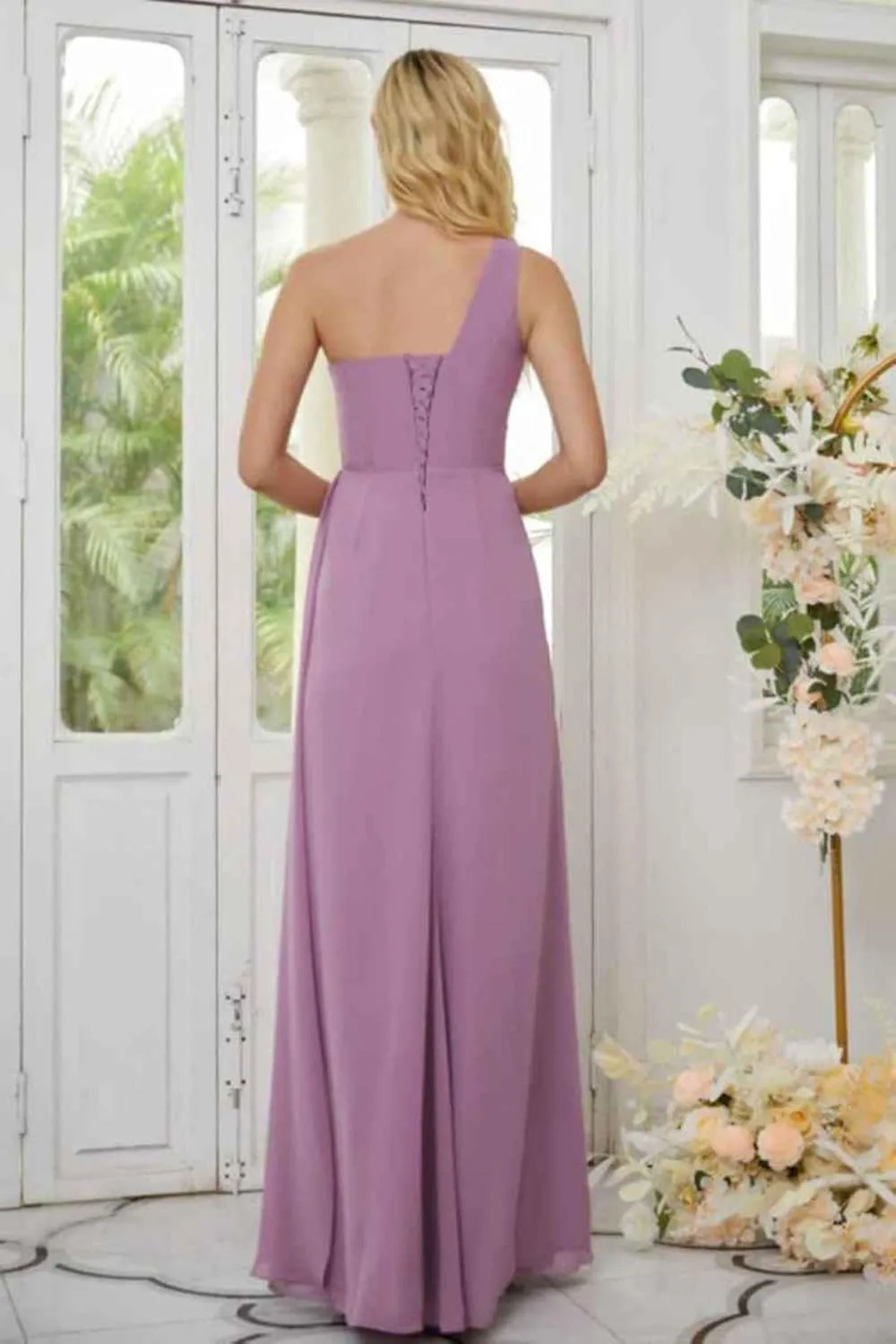 Women's One Shoulder Bridesmaid Dresses for Wedding with Slit Ruched Chiffon Long Formal Dress Evening Gown