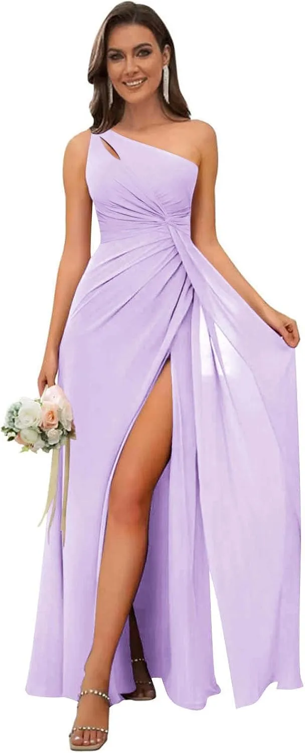 Women's One Shoulder Bridesmaid Dresses for Wedding with Slit Ruched Chiffon Long Formal Dress Evening Gown