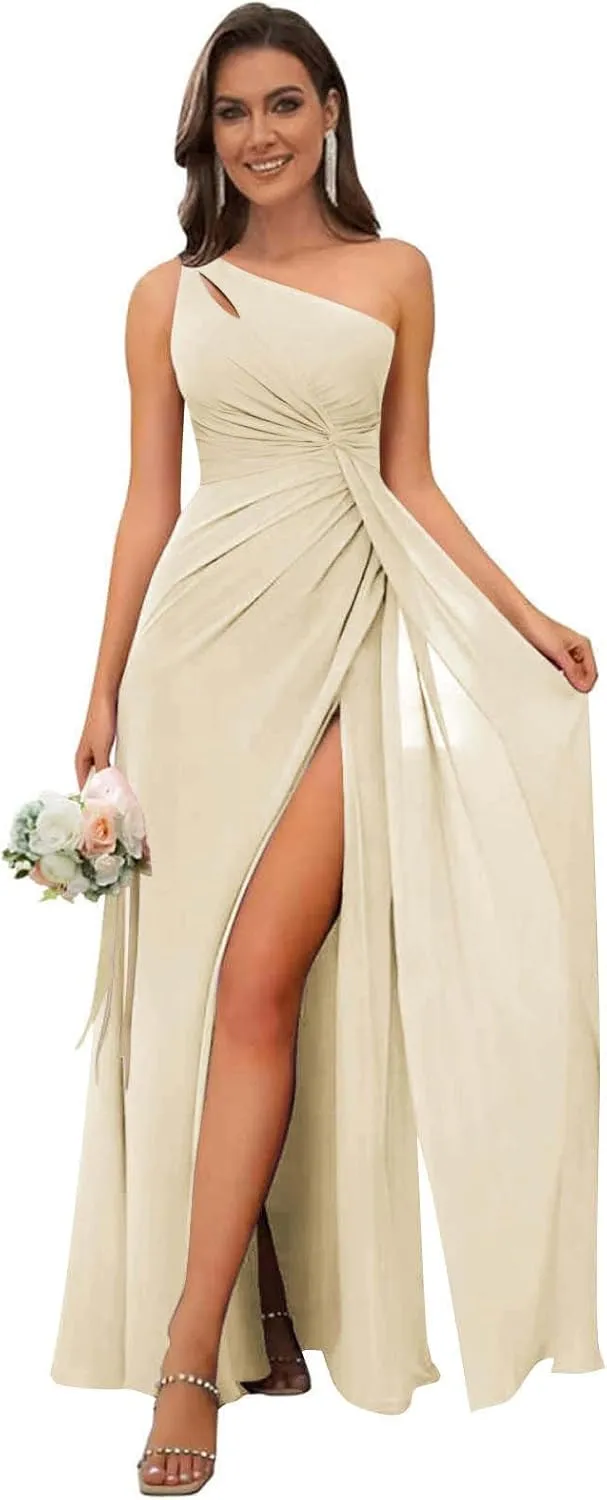 Women's One Shoulder Bridesmaid Dresses for Wedding with Slit Ruched Chiffon Long Formal Dress Evening Gown