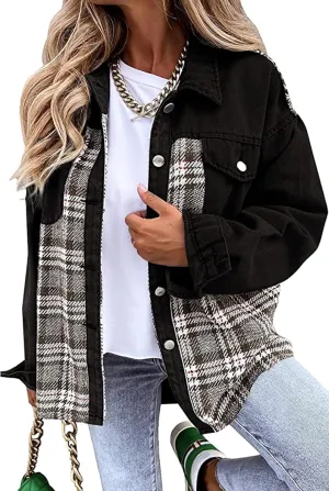 Women's Oversized Denim Shacket Jacket Plaid Long Sleeve Shirt Boyfriend Button Down Blouses Tops