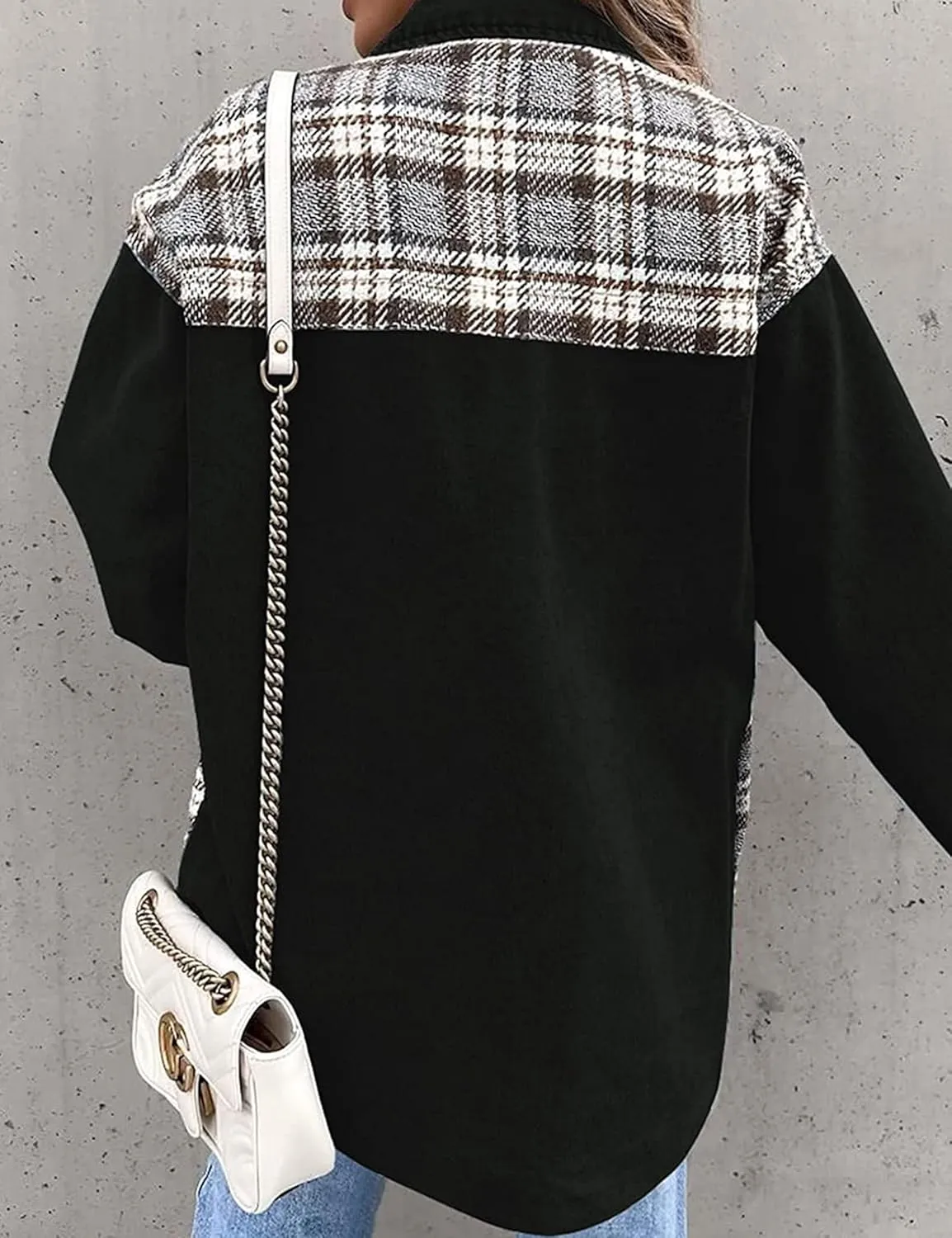 Women's Oversized Denim Shacket Jacket Plaid Long Sleeve Shirt Boyfriend Button Down Blouses Tops