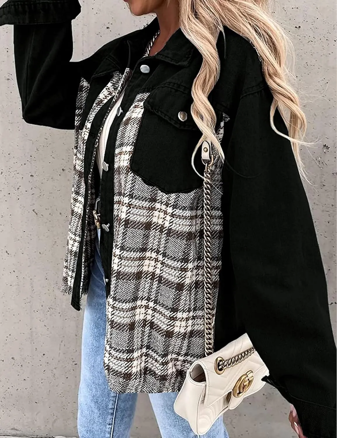 Women's Oversized Denim Shacket Jacket Plaid Long Sleeve Shirt Boyfriend Button Down Blouses Tops