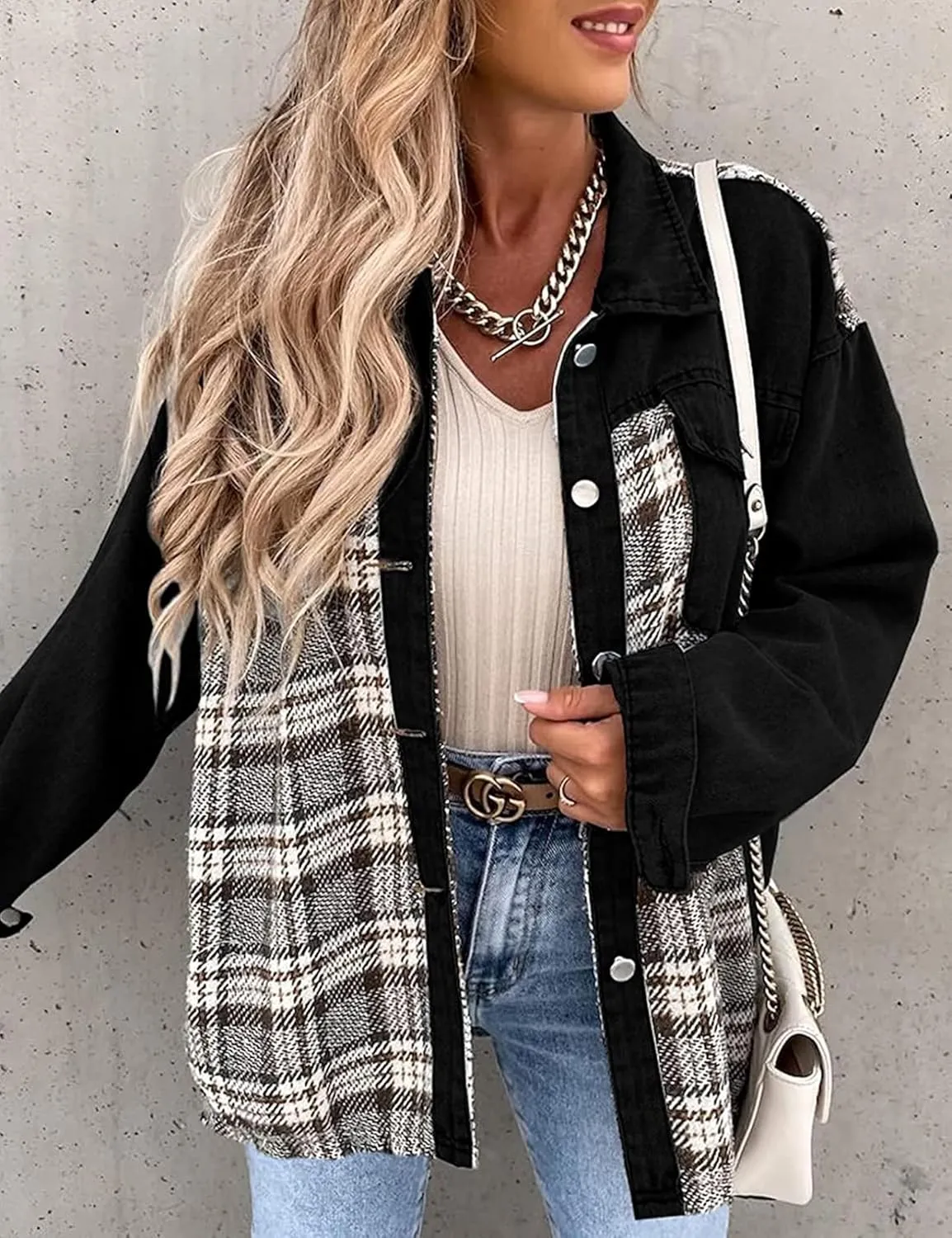 Women's Oversized Denim Shacket Jacket Plaid Long Sleeve Shirt Boyfriend Button Down Blouses Tops