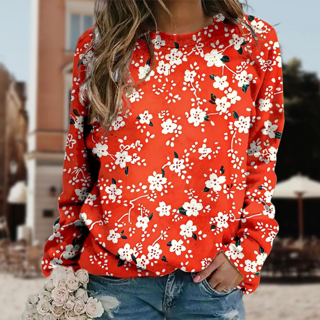 Women's Oversized Graphic Sweatshirts Flower 3D Print Shirts Casual Long Sleeve Crewneck Pullovers Tops Plus Size