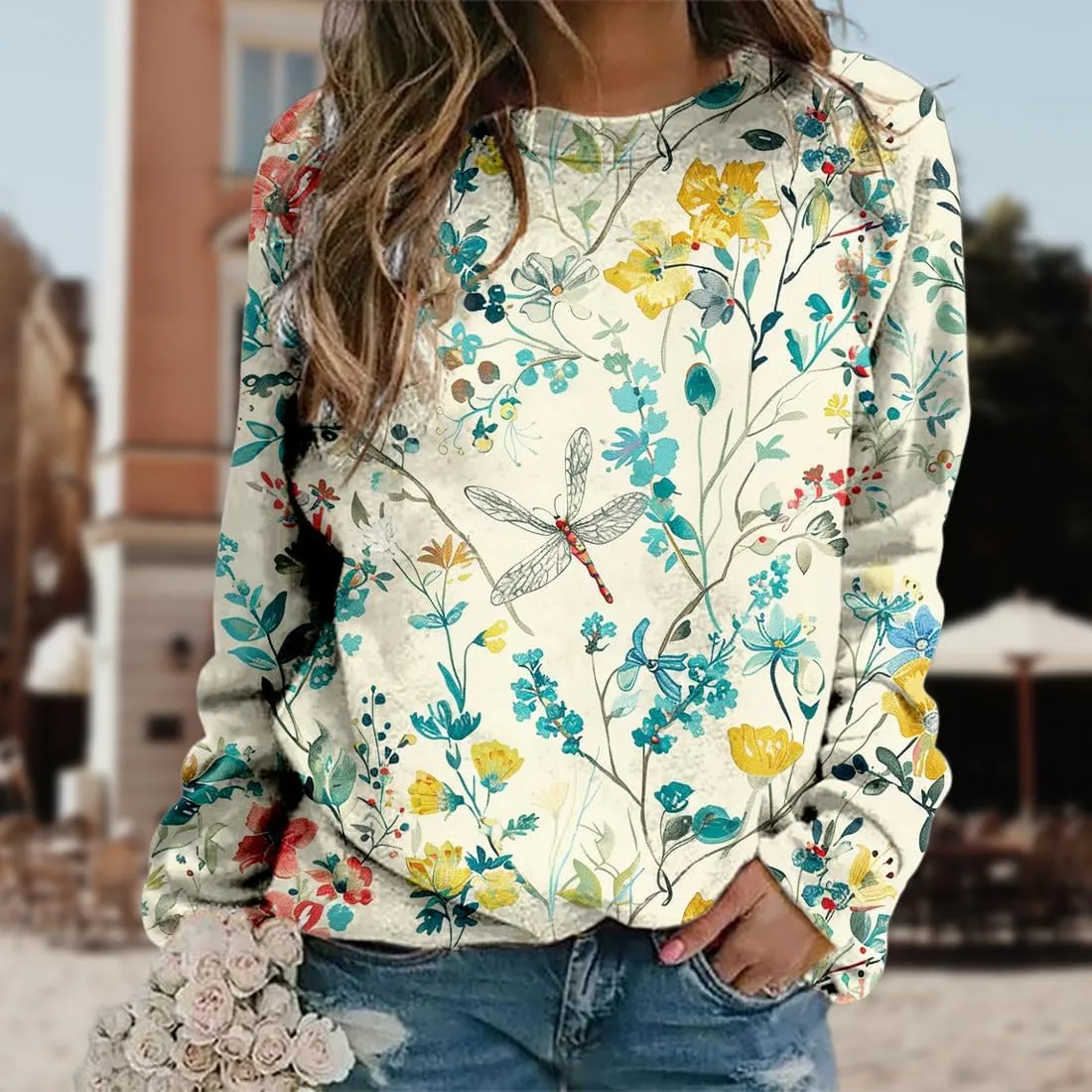 Women's Oversized Graphic Sweatshirts Flower 3D Print Shirts Casual Long Sleeve Crewneck Pullovers Tops Plus Size