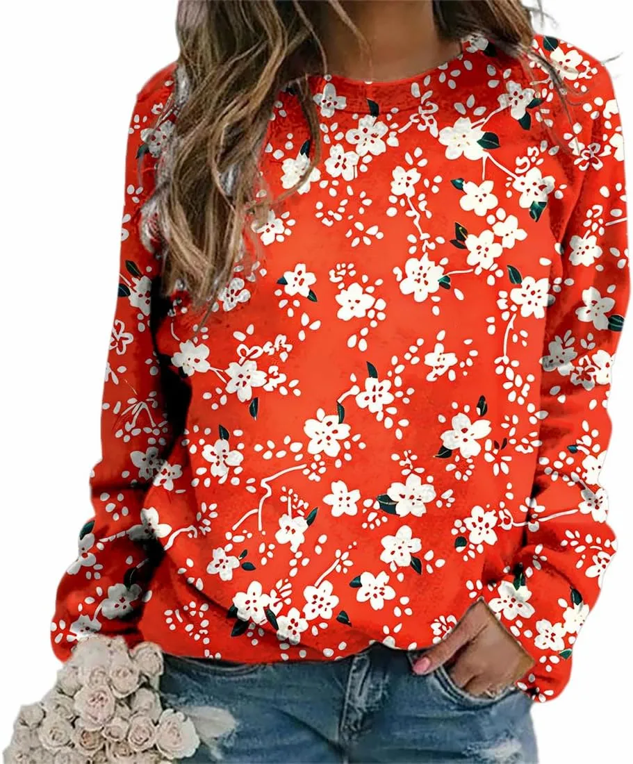 Women's Oversized Graphic Sweatshirts Flower 3D Print Shirts Casual Long Sleeve Crewneck Pullovers Tops Plus Size