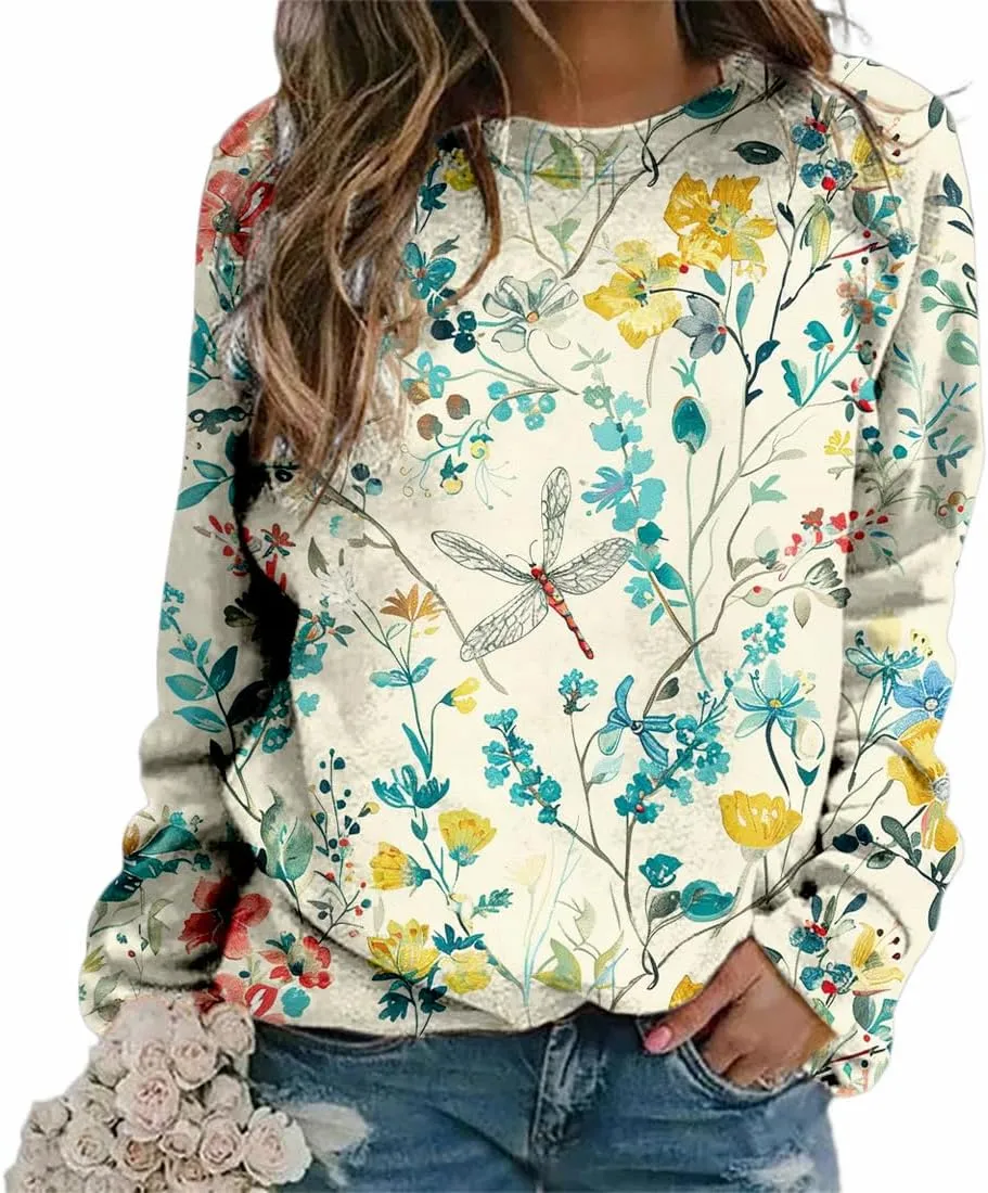 Women's Oversized Graphic Sweatshirts Flower 3D Print Shirts Casual Long Sleeve Crewneck Pullovers Tops Plus Size