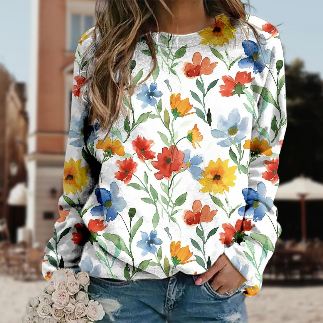 Women's Oversized Graphic Sweatshirts Flower 3D Print Shirts Casual Long Sleeve Crewneck Pullovers Tops Plus Size