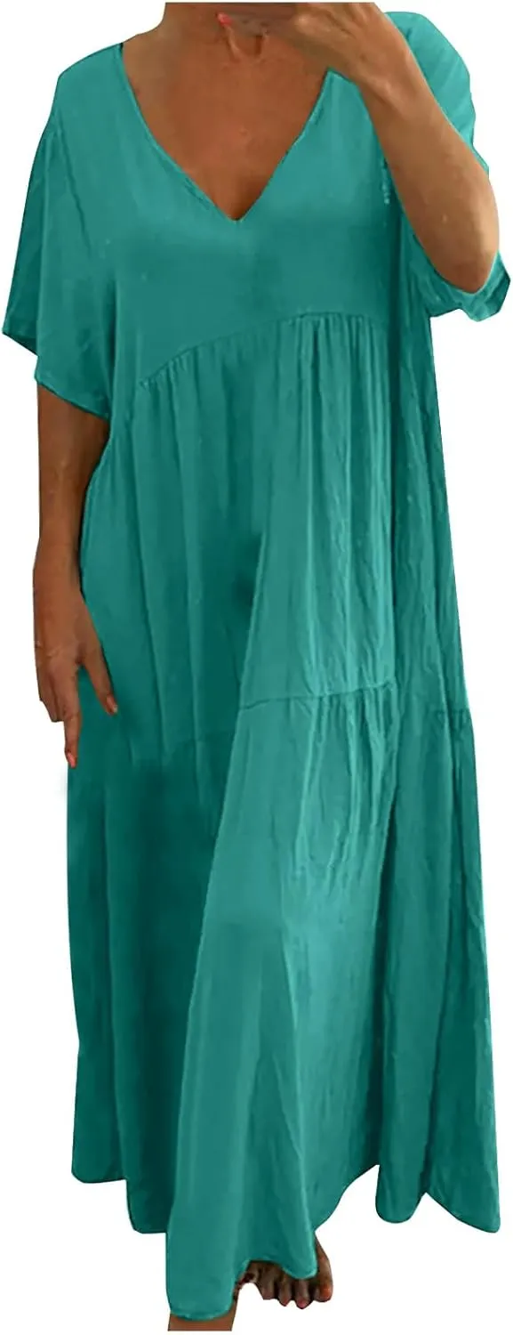 Womens Oversized Long Dress Flowy Cotton Linen Maxi Dresses Smocked Casual Floor Length Beach Dress Baggy Sundresses