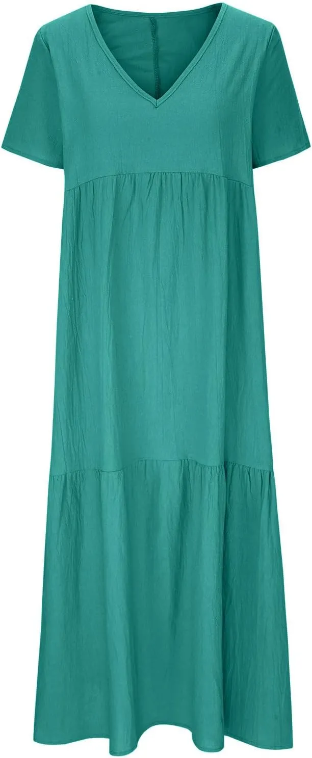 Womens Oversized Long Dress Flowy Cotton Linen Maxi Dresses Smocked Casual Floor Length Beach Dress Baggy Sundresses