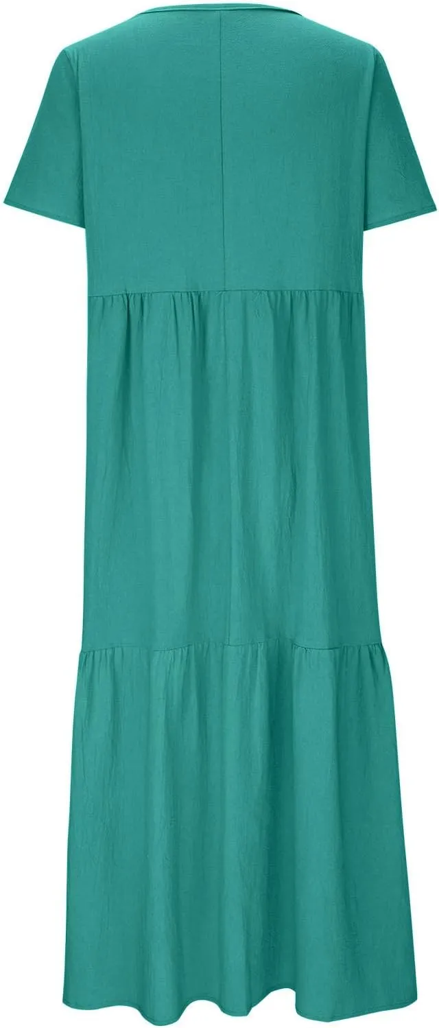 Womens Oversized Long Dress Flowy Cotton Linen Maxi Dresses Smocked Casual Floor Length Beach Dress Baggy Sundresses