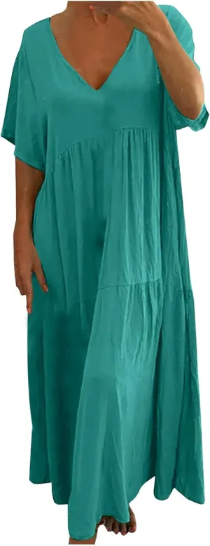 Womens Oversized Long Dress Flowy Cotton Linen Maxi Dresses Smocked Casual Floor Length Beach Dress Baggy Sundresses