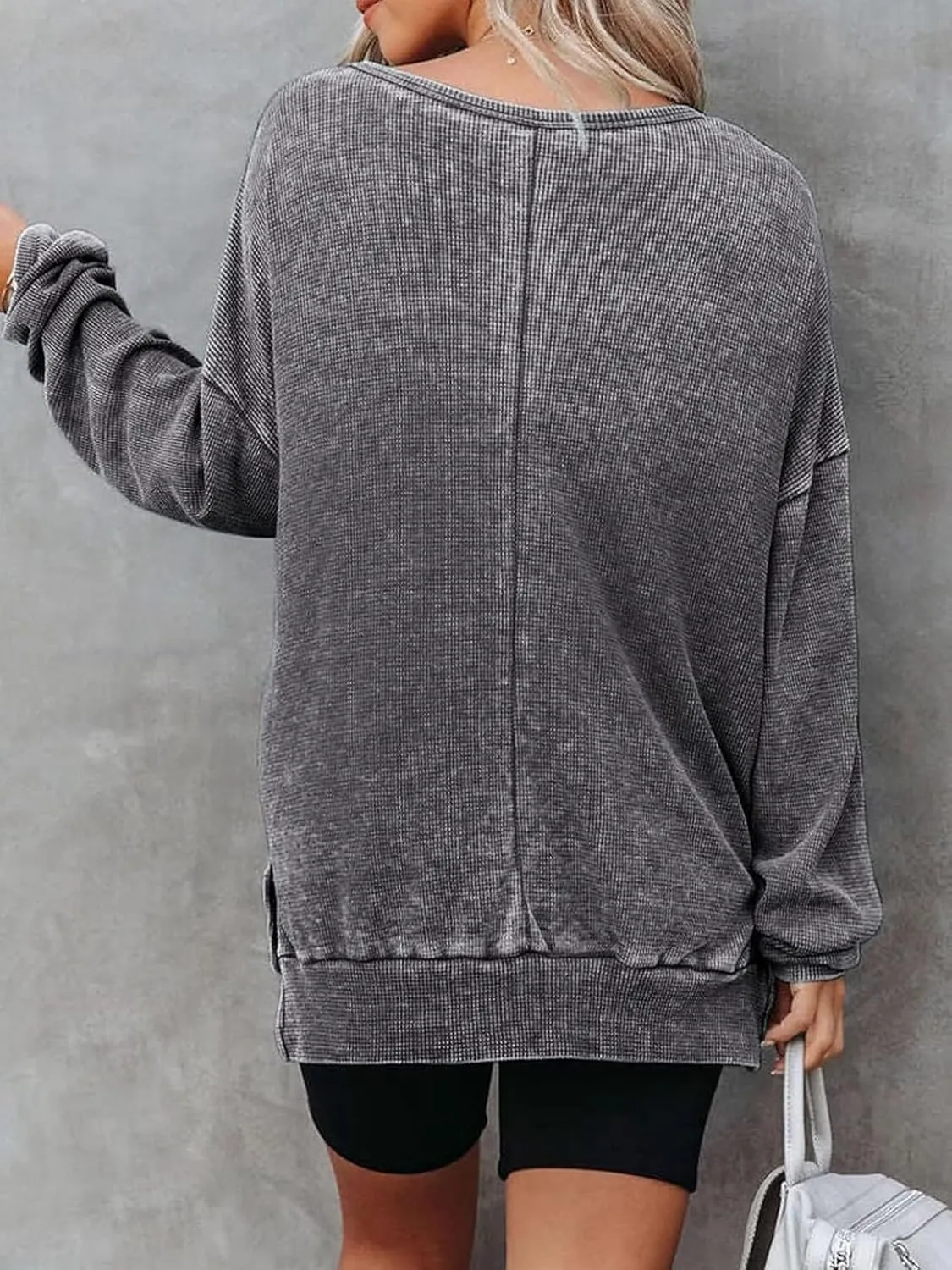 Womens Oversized Sweatshirts Crewneck Waffle Knit Casual Pullover Blouses Long Sleeve Side Slit Sweatshirt Tops S-2XL