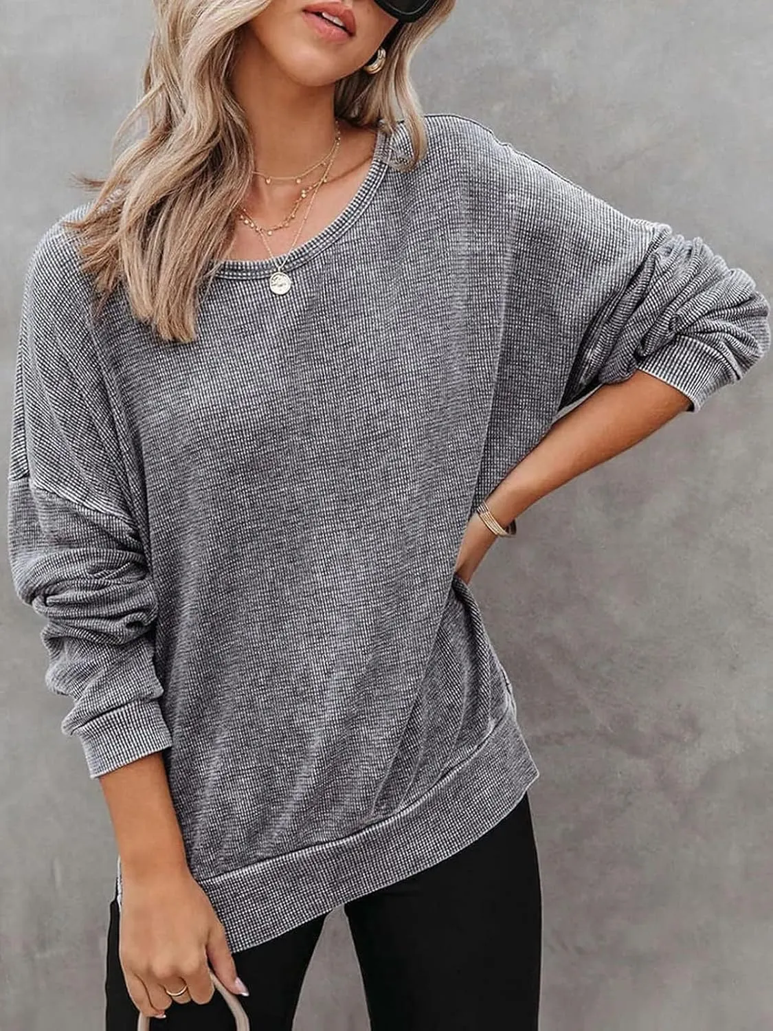 Womens Oversized Sweatshirts Crewneck Waffle Knit Casual Pullover Blouses Long Sleeve Side Slit Sweatshirt Tops S-2XL
