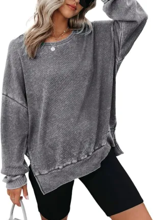 Womens Oversized Sweatshirts Crewneck Waffle Knit Casual Pullover Blouses Long Sleeve Side Slit Sweatshirt Tops S-2XL