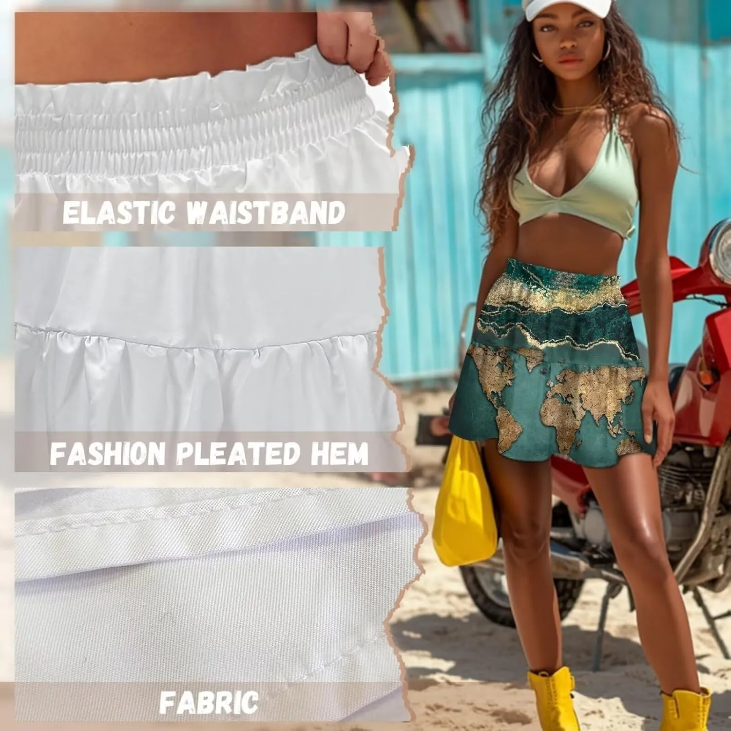 Women's Pleated Skirt Skater High Waist Ruffle Flowy A-Line Short Skirts Mini Beach Dress for Prom Nightclub
