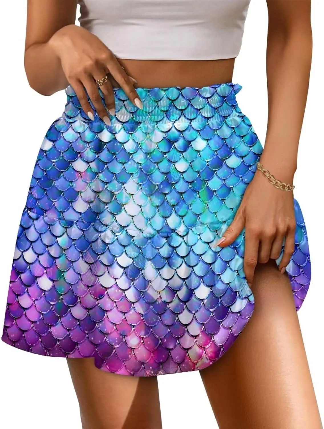 Women's Pleated Skirt Skater High Waist Ruffle Flowy A-Line Short Skirts Mini Beach Dress for Prom Nightclub