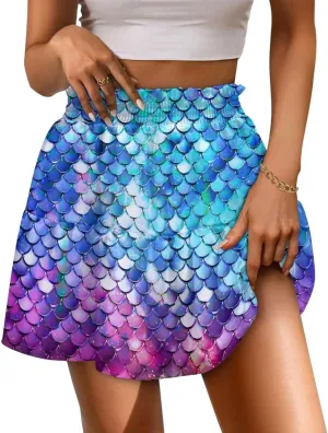 Women's Pleated Skirt Skater High Waist Ruffle Flowy A-Line Short Skirts Mini Beach Dress for Prom Nightclub