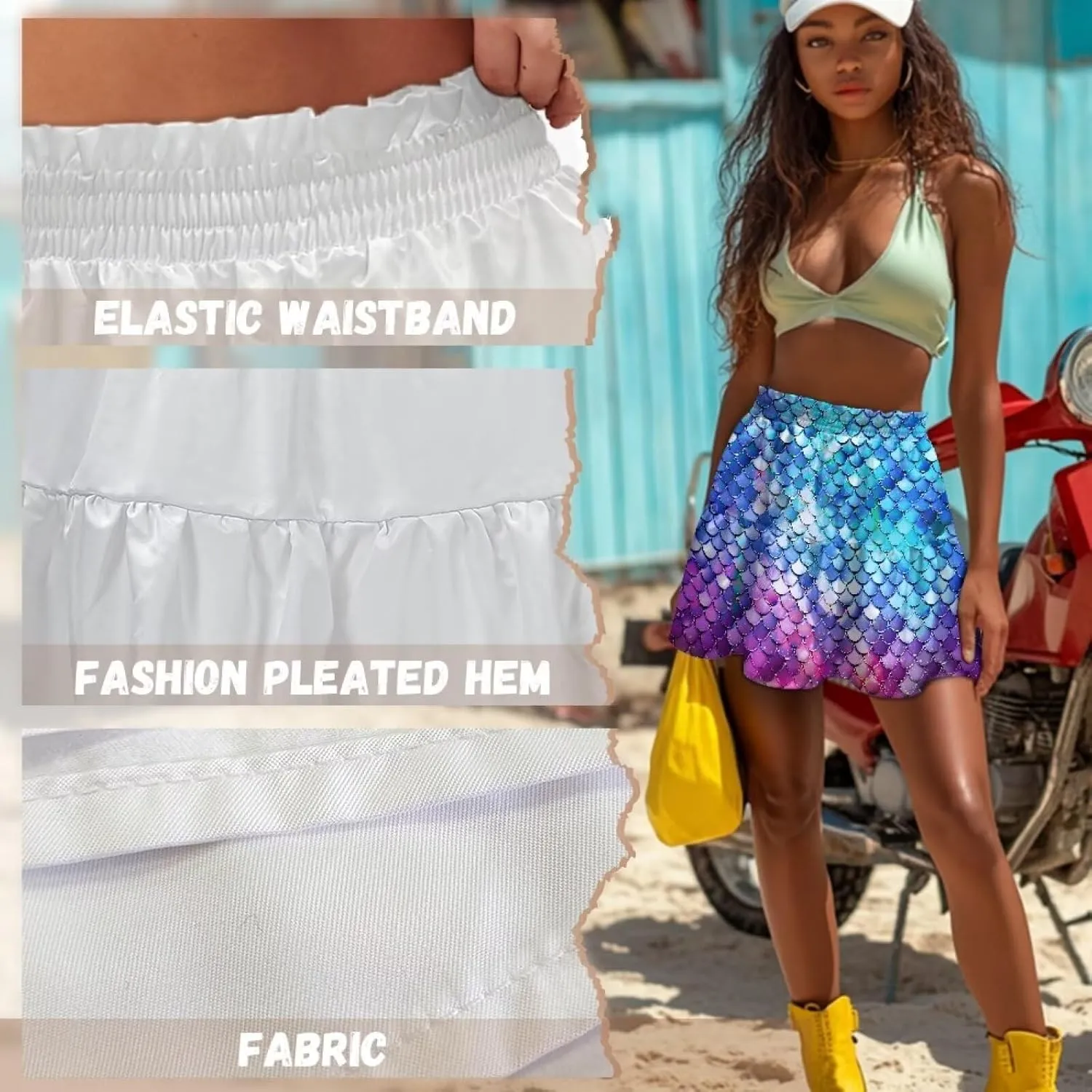 Women's Pleated Skirt Skater High Waist Ruffle Flowy A-Line Short Skirts Mini Beach Dress for Prom Nightclub