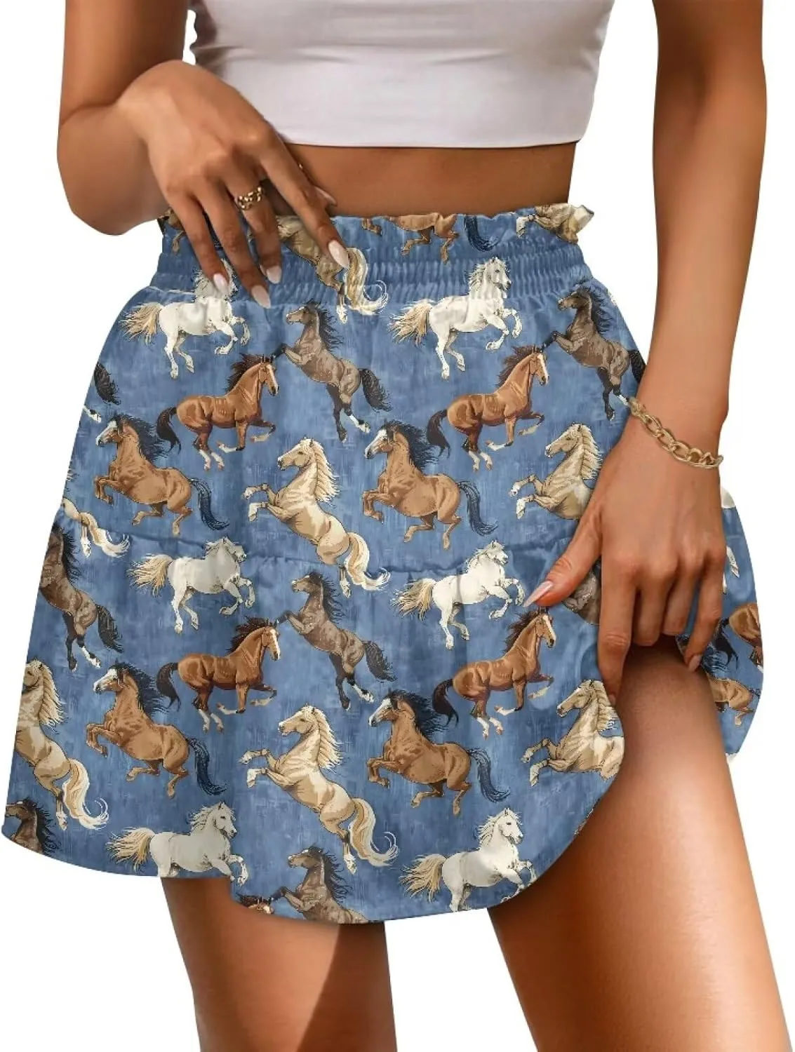 Women's Pleated Skirt Skater High Waist Ruffle Flowy A-Line Short Skirts Mini Beach Dress for Prom Nightclub