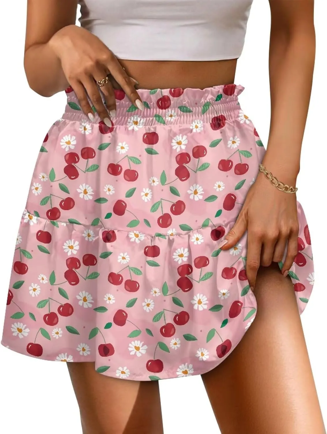 Women's Pleated Skirt Skater High Waist Ruffle Flowy A-Line Short Skirts Mini Beach Dress for Prom Nightclub