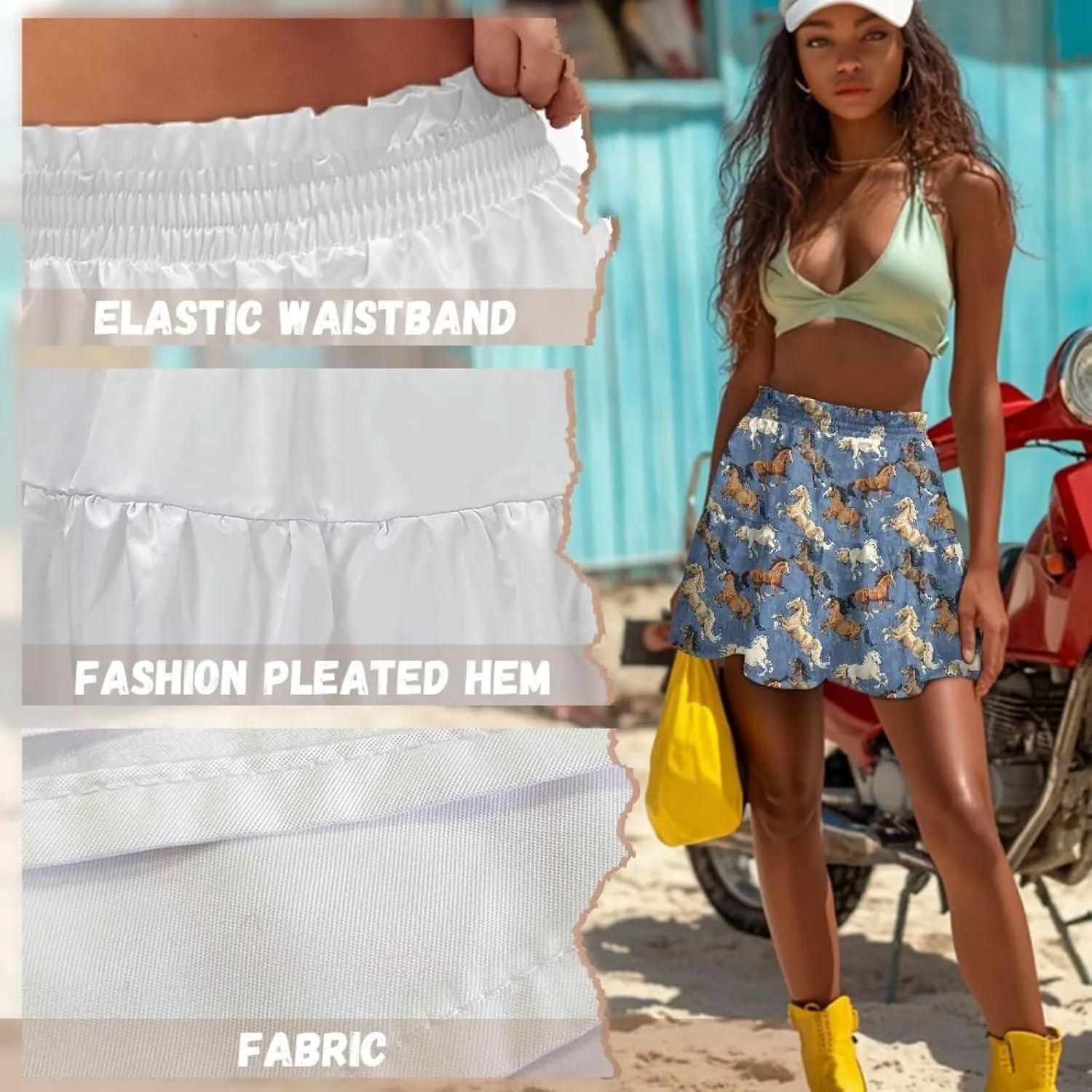 Women's Pleated Skirt Skater High Waist Ruffle Flowy A-Line Short Skirts Mini Beach Dress for Prom Nightclub