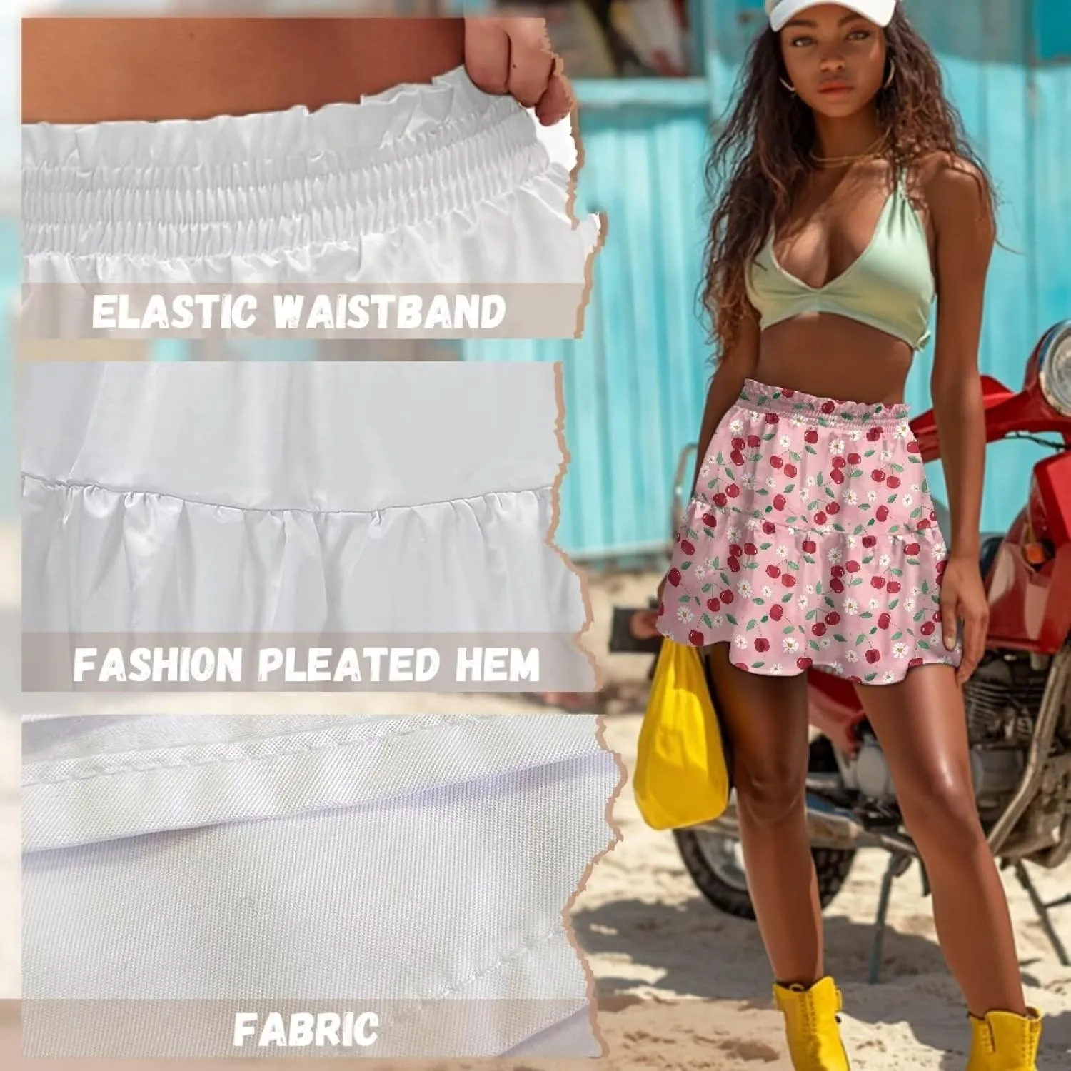 Women's Pleated Skirt Skater High Waist Ruffle Flowy A-Line Short Skirts Mini Beach Dress for Prom Nightclub