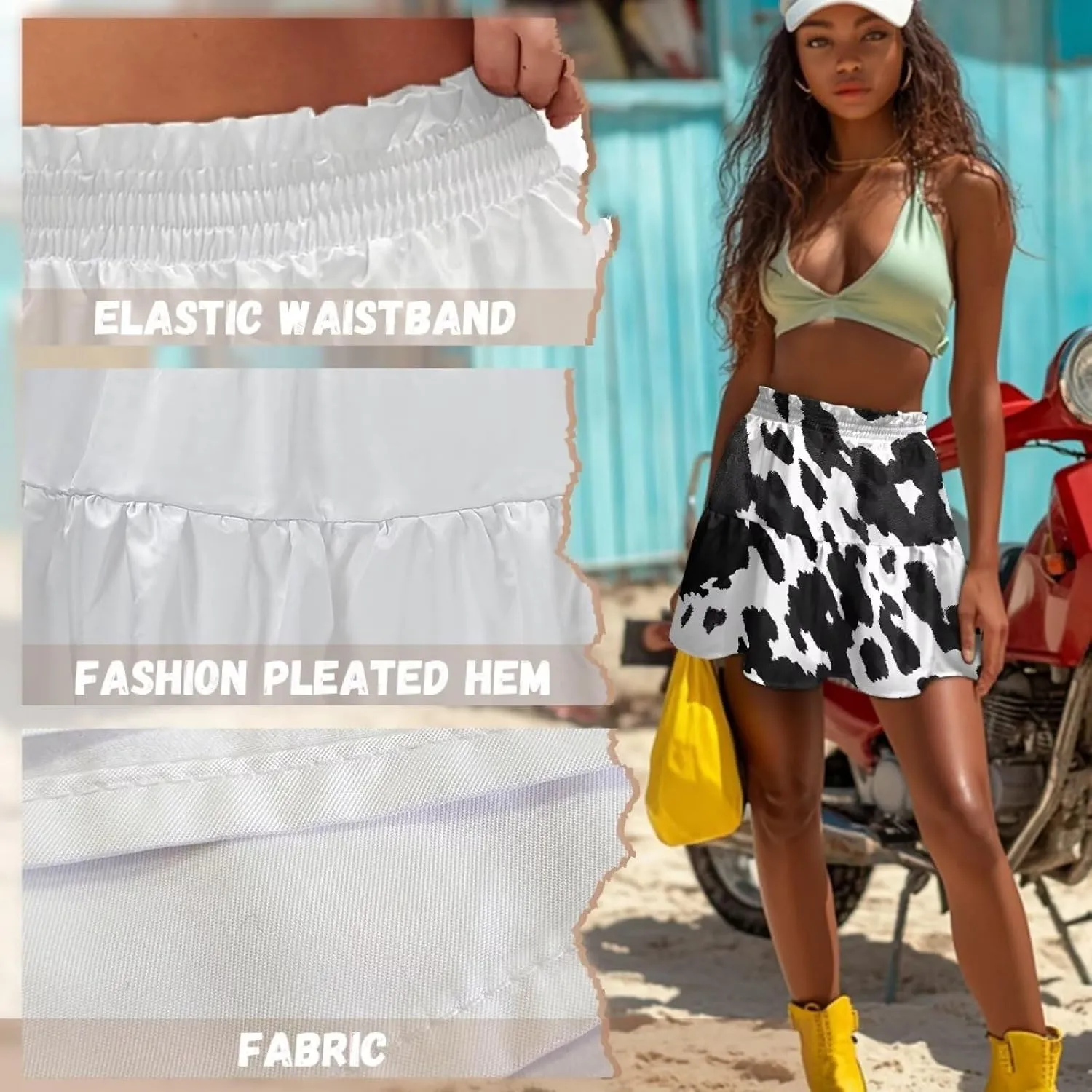 Women's Pleated Skirt Skater High Waist Ruffle Flowy A-Line Short Skirts Mini Beach Dress for Prom Nightclub