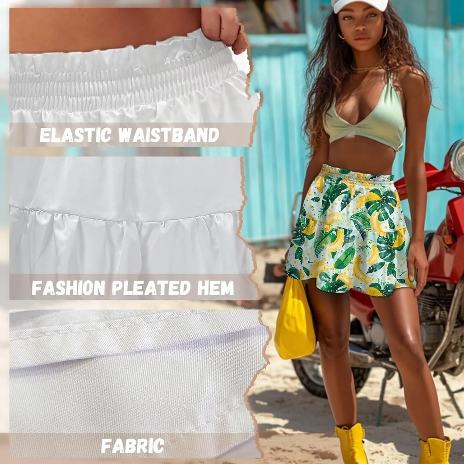 Women's Pleated Skirt Skater High Waist Ruffle Flowy A-Line Short Skirts Mini Beach Dress for Prom Nightclub