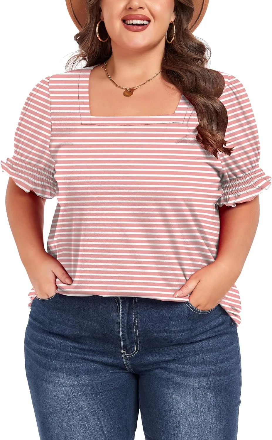 Women's Plus Size Tops Square Neck Blouses Short Sleeve T Shirts Casual Ruffle Trim Sleeve Tunic Tops