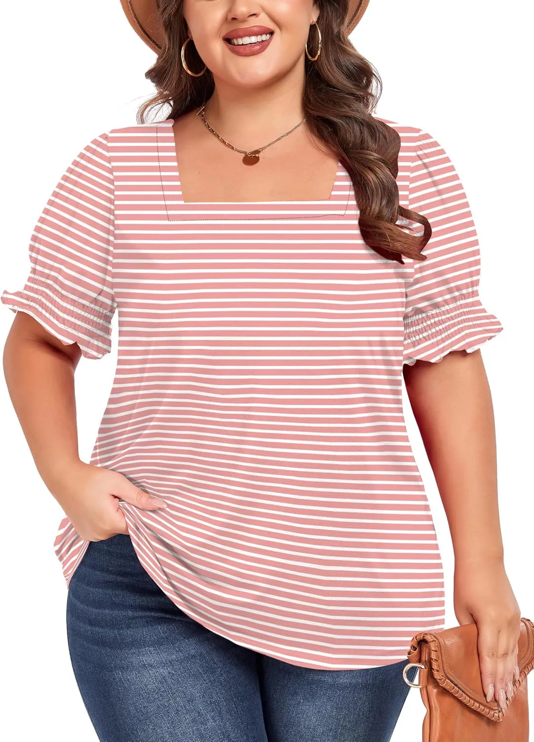 Women's Plus Size Tops Square Neck Blouses Short Sleeve T Shirts Casual Ruffle Trim Sleeve Tunic Tops