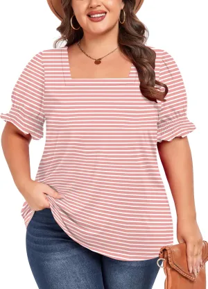 Women's Plus Size Tops Square Neck Blouses Short Sleeve T Shirts Casual Ruffle Trim Sleeve Tunic Tops