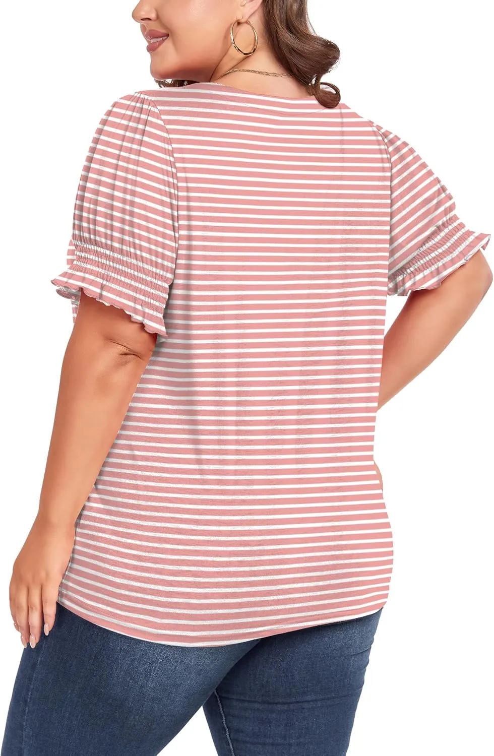 Women's Plus Size Tops Square Neck Blouses Short Sleeve T Shirts Casual Ruffle Trim Sleeve Tunic Tops
