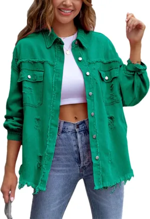 Womens Ripped Distressed Denim Jacket Tops Oversized Casual Long Sleeve Basic Jean Jacket Coats