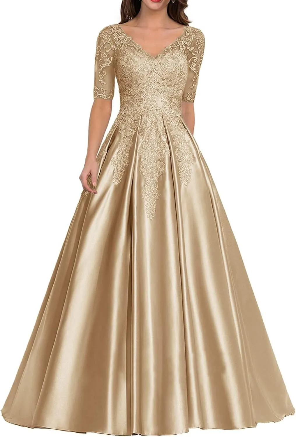 Women's Satin Mother of Bride Dress Lace Appliques Prom Dresses Formal Evening Dress Floor Length Ball Gown A Line YE17