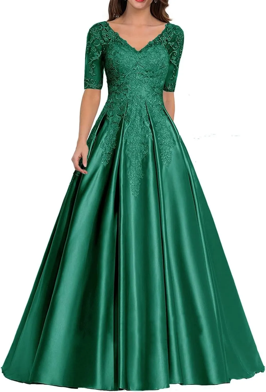 Women's Satin Mother of Bride Dress Lace Appliques Prom Dresses Formal Evening Dress Floor Length Ball Gown A Line YE17