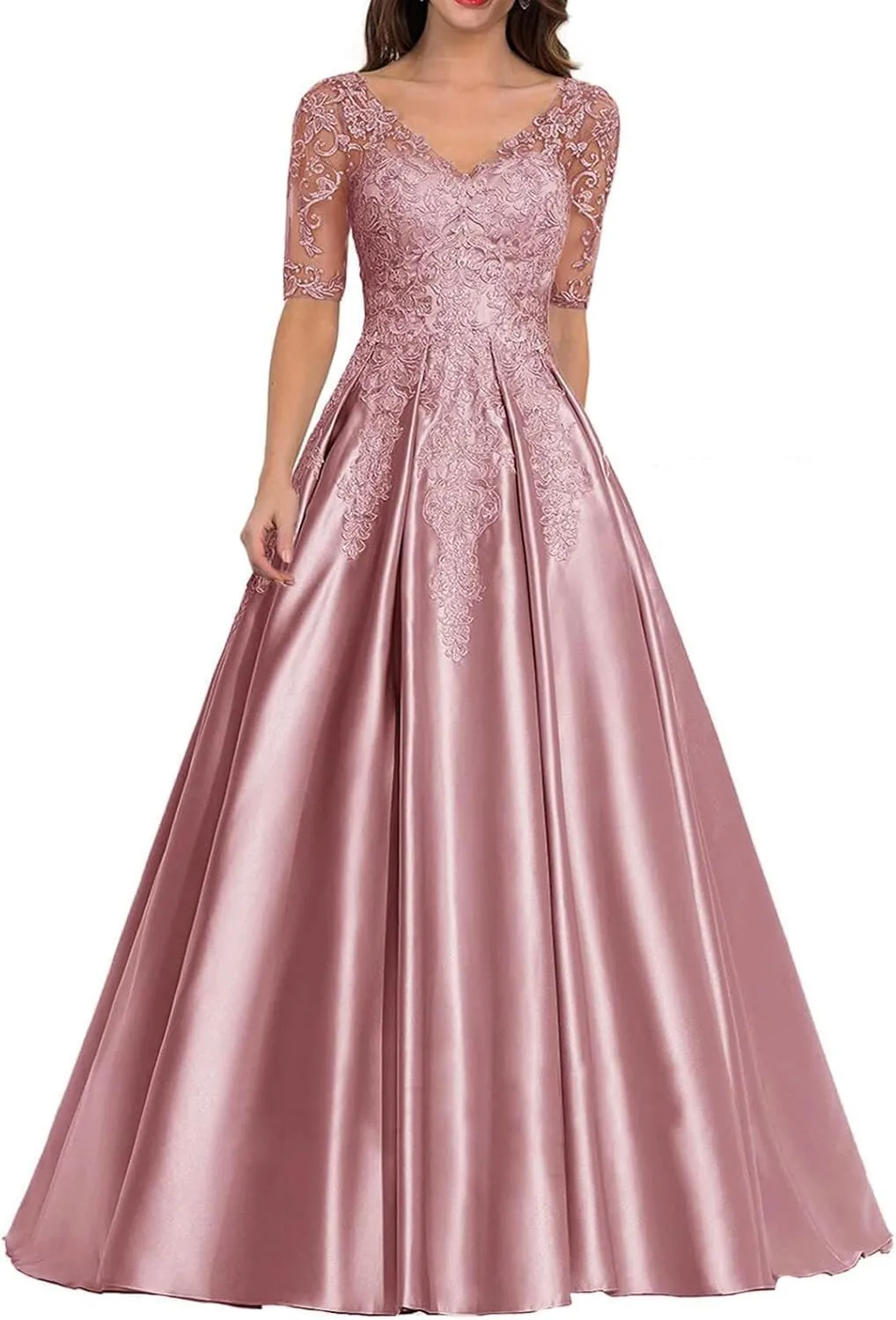 Women's Satin Mother of Bride Dress Lace Appliques Prom Dresses Formal Evening Dress Floor Length Ball Gown A Line YE17