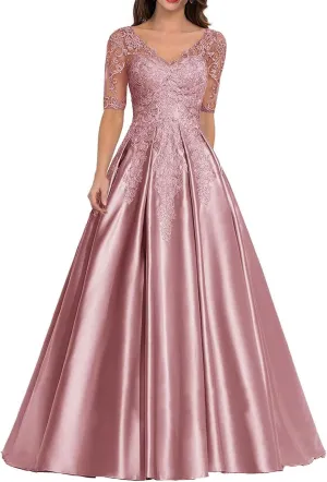 Women's Satin Mother of Bride Dress Lace Appliques Prom Dresses Formal Evening Dress Floor Length Ball Gown A Line YE17