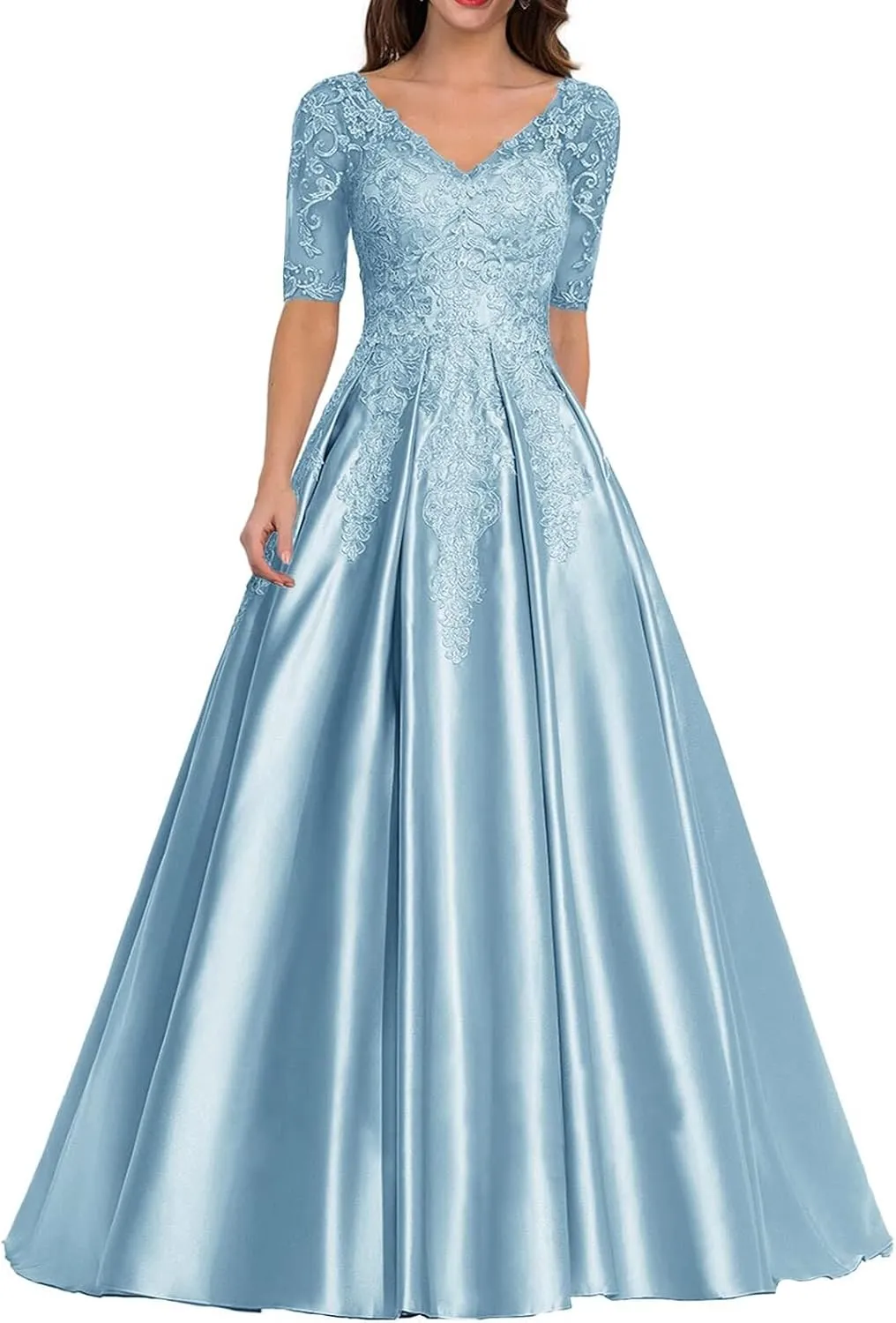 Women's Satin Mother of Bride Dress Lace Appliques Prom Dresses Formal Evening Dress Floor Length Ball Gown A Line YE17