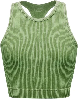 Women's Seamless Ribbed Workout Crop Tank Top,Slim Fit Short Scoop Neck Racerback Tank Tops,Sports Bra Yoga Tops