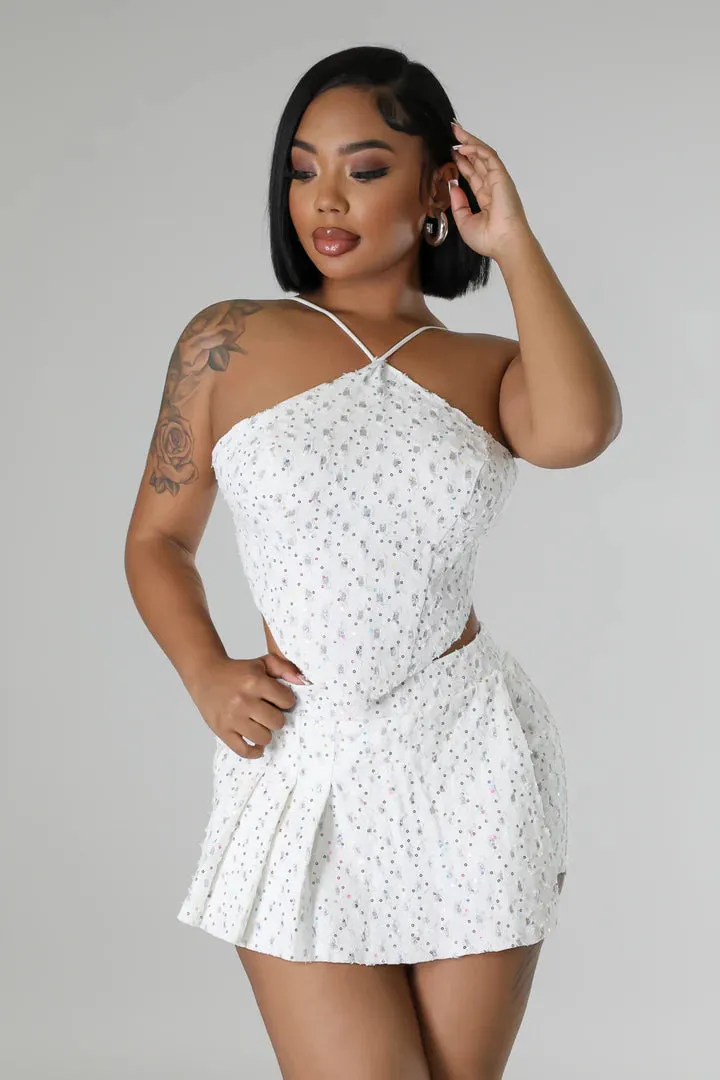 Women's Sequin Fun White Self-tie string Mini Skort Set